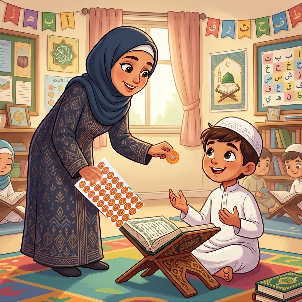 Arabic Reading Reward Stickers being used in a madrasa class