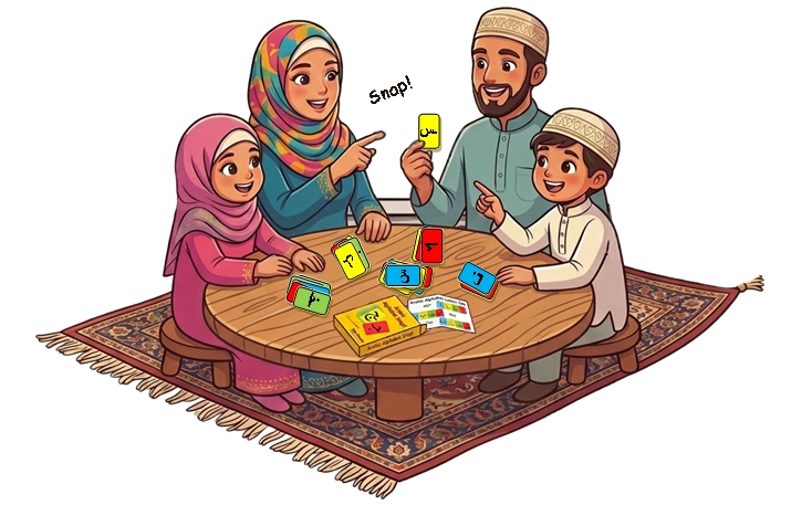 Family enjoying a game of Arabic Alphabet Snap