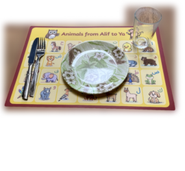 Wipe-clean Animals in Arabic Alif to Ya mat with plate