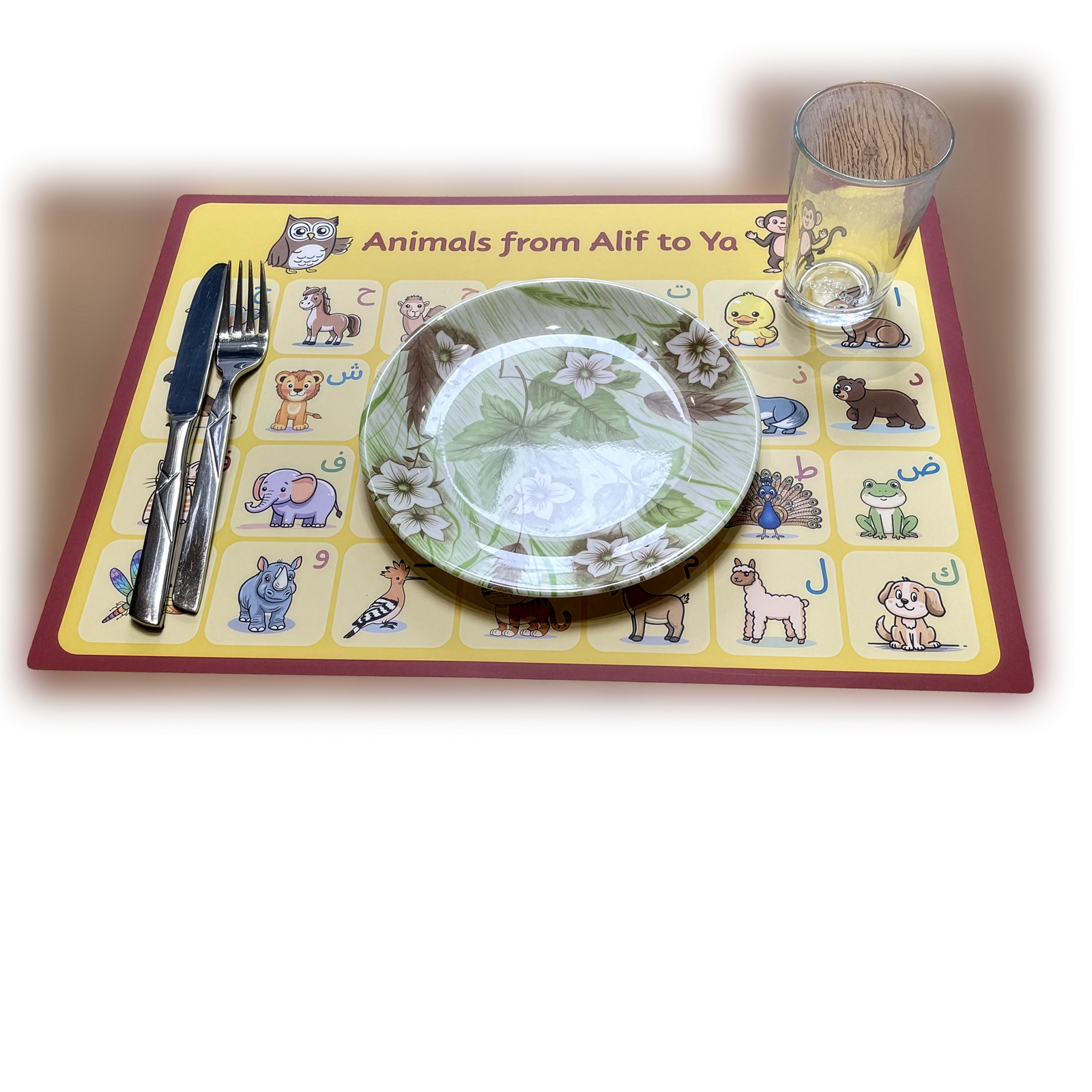 Wipe-clean Animals in Arabic Alif to Ya mat with plate